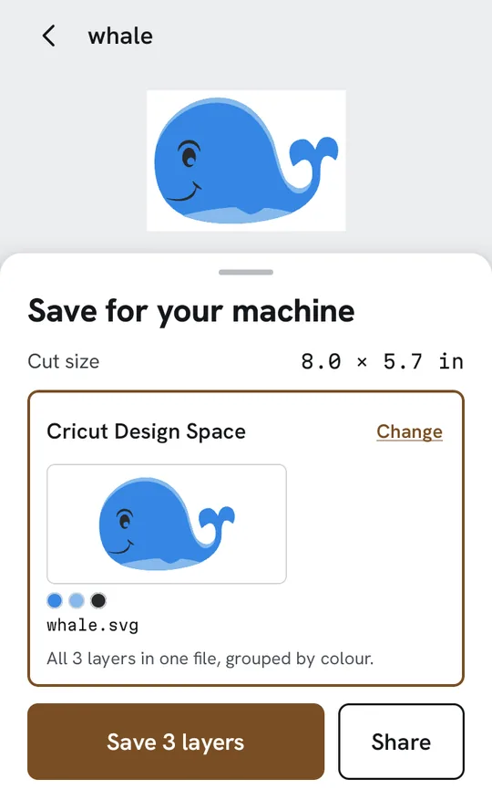 Decaly’s save screen with Cricut Design Space chosen: whale.svg, all 3 layers in one file, grouped by colour