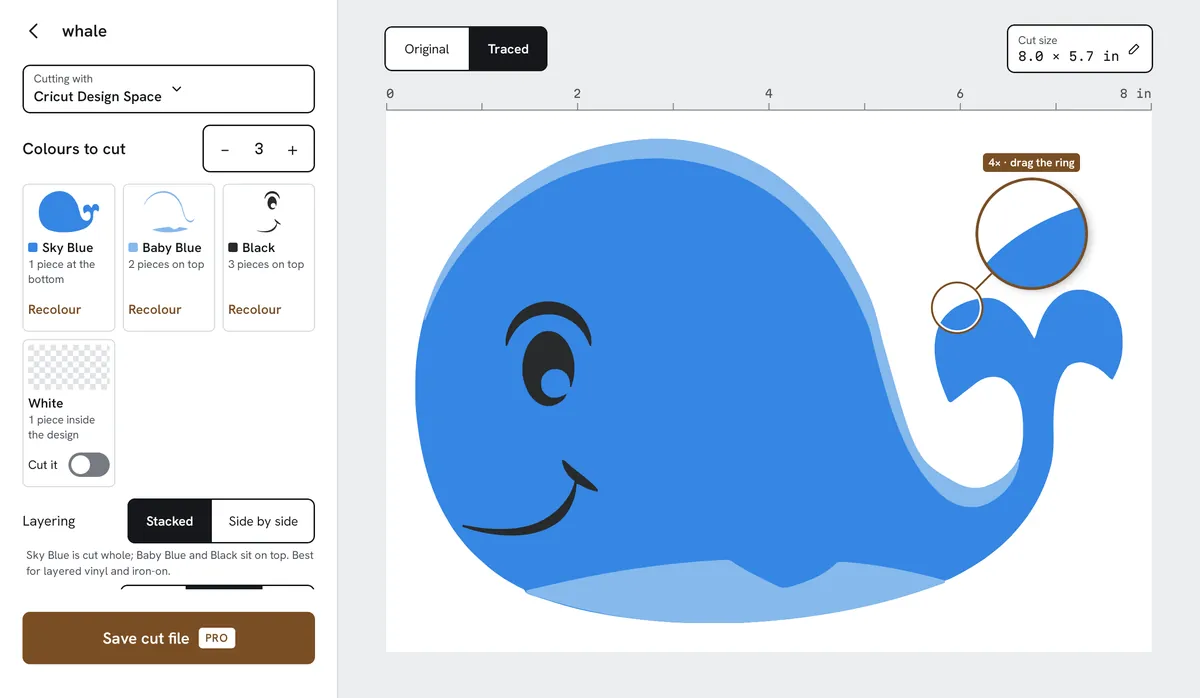 Decaly on a tablet in landscape: controls on the left, the traced whale large on the right