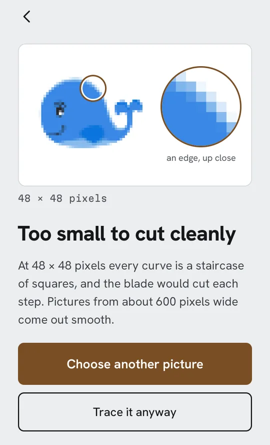 Decaly refusing a 48 by 48 pixel picture: Too small to cut cleanly, with a magnified edge showing the staircase