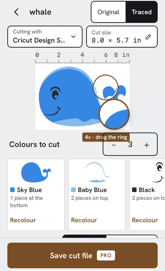 Decaly’s trace screen: the whale traced into three colours, with a ruler, a magnifier and a tile for each colour